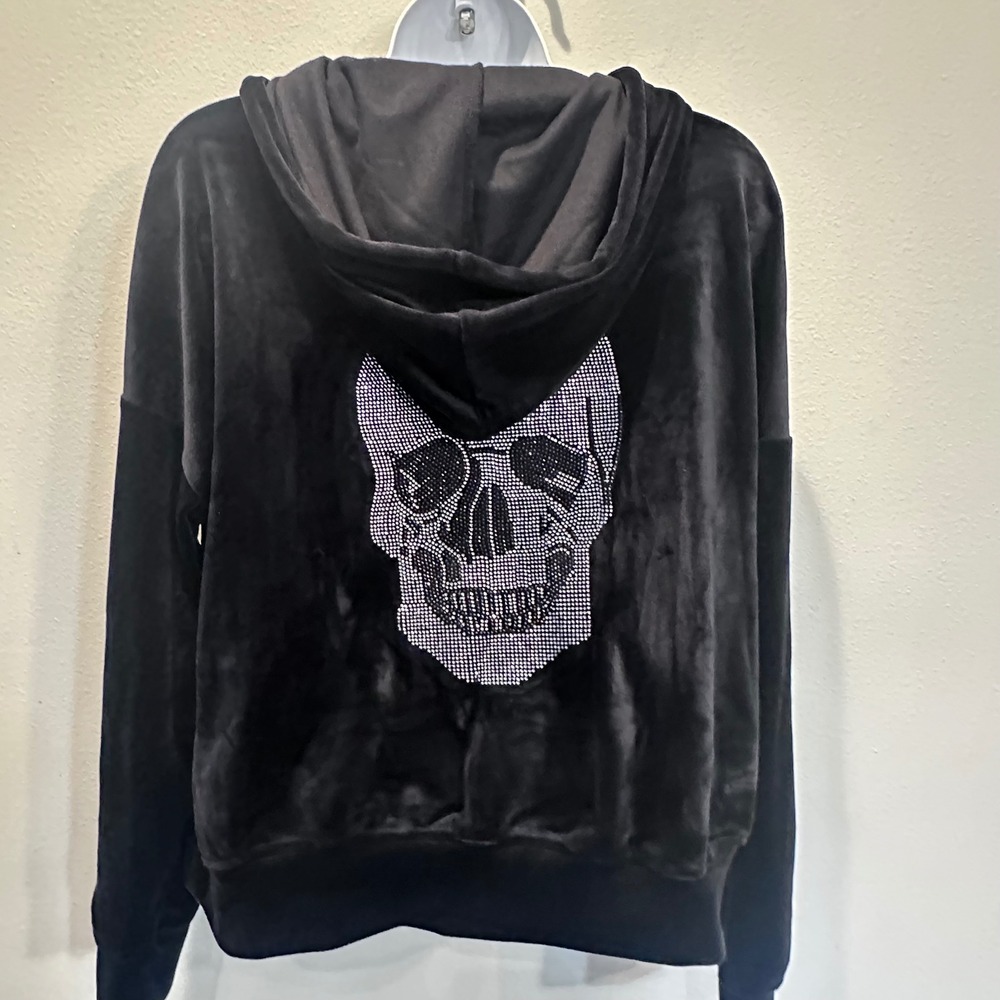 NWT Truth Black Velour Rhinestone Skull Tracksuit Set 2 Piece Zip Up Hoodie M - Picture 13 of 16